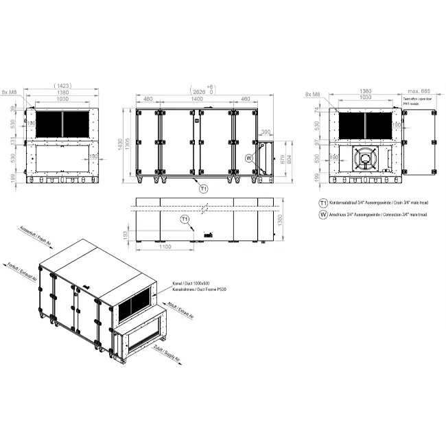 Maxivent WTW air handling units with counterflow heat exchanger, 5000 m³/h, with horizontal right-side hot-water coil - PHE 5000 H WOJR T 01