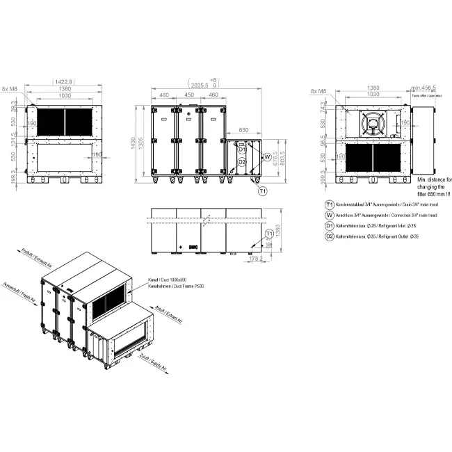 Maxivent WTW air handling units with heat exchanger, 7600 m³/h, with hot-water coil and DX cooling, horizontal left-hand configuration - RHE 7600 H WDJL T 02