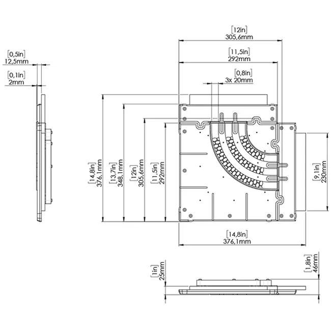 Ergovent curved corner piece for modular insertable linear grilles with 3 slots