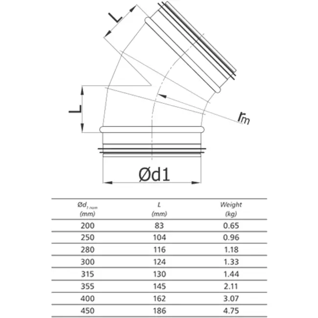Round spiral bend 45° Ø 315mm for spiral duct