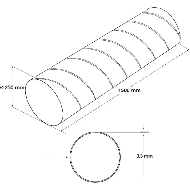 Spiral pipe diameter 250 mm length 1.5 metres - round galvanised