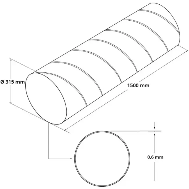 Spiral pipe diameter 315 mm length 1.5 metres - round galvanised