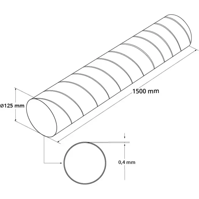 Spiral pipe diameter 125 mm length 1.5 metres - round galvanised