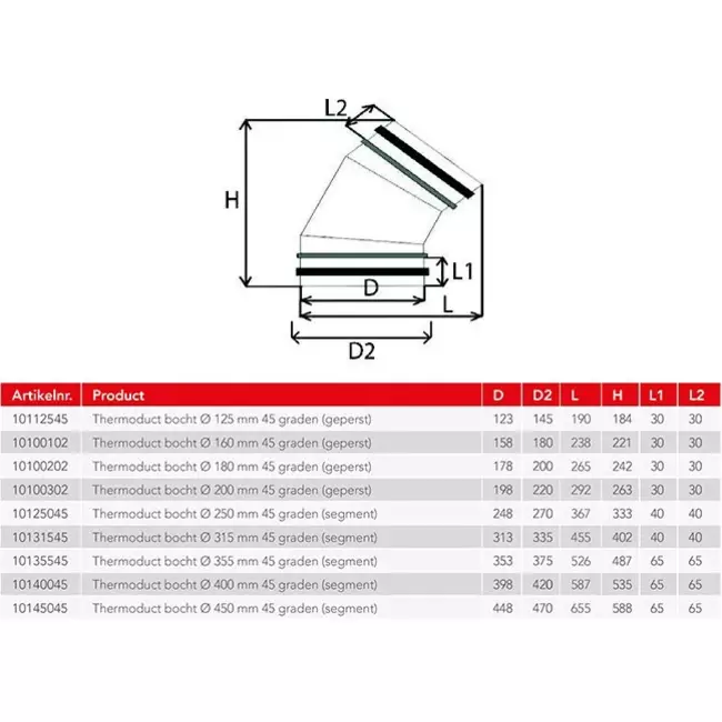 Thermoduct 13mm insulated 45 degree elbow bend diameter 125 mm