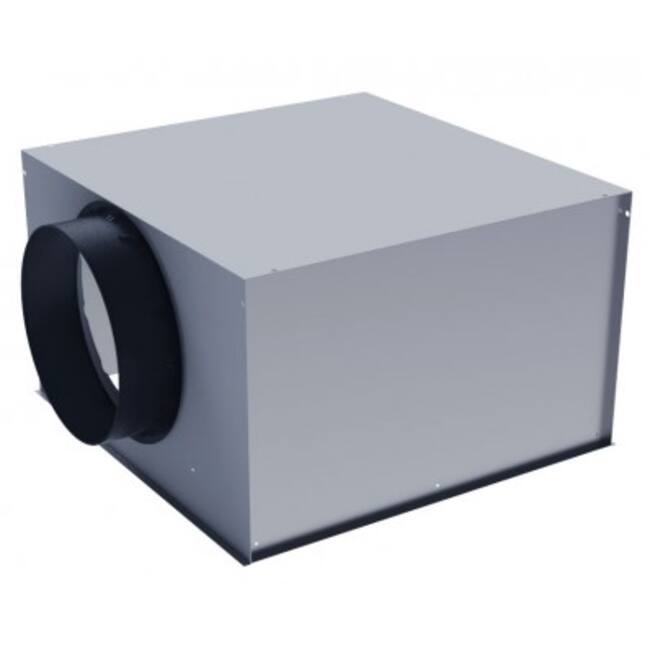 Square swirl diffuser 600 x 600, 350 mm fixed vanes and uninsulated plenum box with 200 mm side connection - RAL 9005