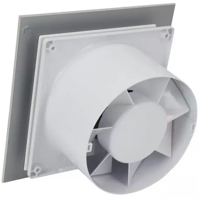 Bathroom extractor fan Ø 100 mm with pull cord and power plug - front panel in satin silver glass