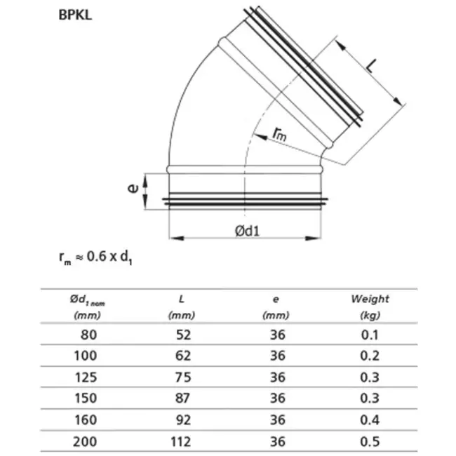 Short round spiral bend 45° Ø 100mm for spiral duct