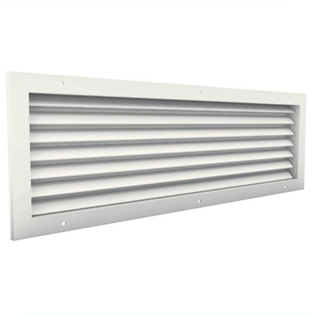 Non see-through 600 x 150 transfer grille, aluminium, with counter-frame and threaded holes - mixed colour RAL 9010