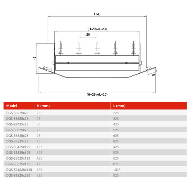 Duct grille single adjustable 225x75mm for duct 160 to 400mm - DGS-SB225x75