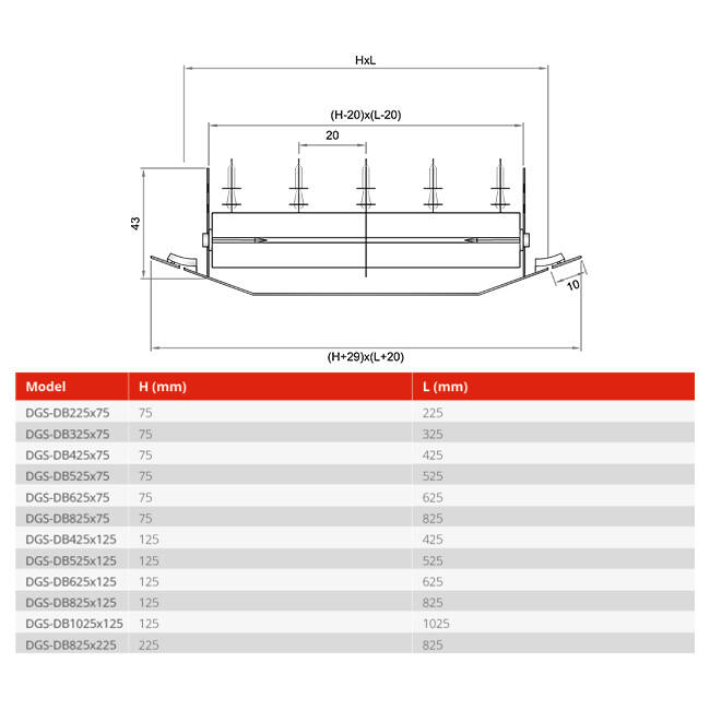 Duct grille double adjustable 825x75mm for duct 160 to 400mm - DGS-DB825x75