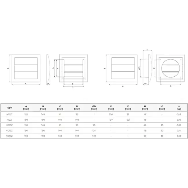 Gravity grille overpressure ventilation grille 150x150 diameter: 100 grey - ND10ZP