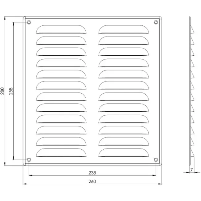 Metal ventilation grille rectangular 260x280 mm aluminium - MR2628Al