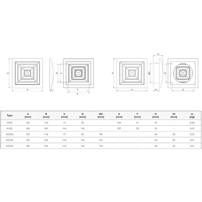 Ceiling diffuser square 150x150 diameter: 100 white - ND10G