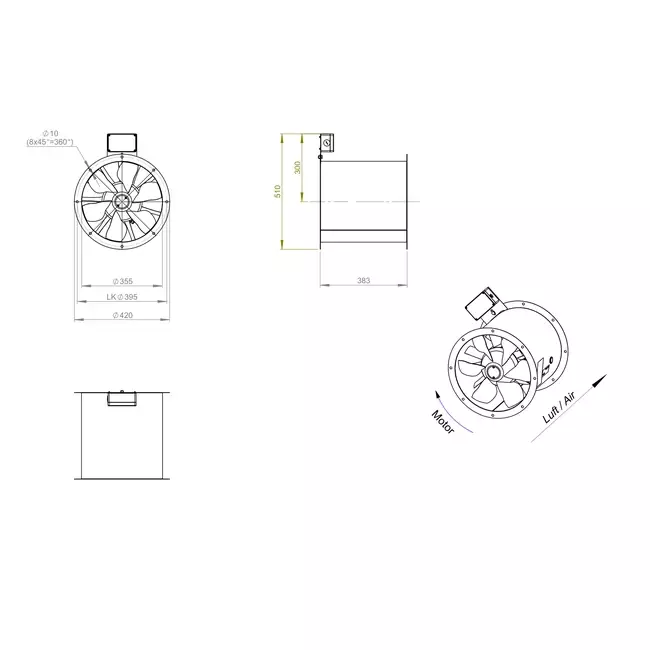 Axial 355 mm duct fan flue F300- AL 355 D4 F3 01 CFG