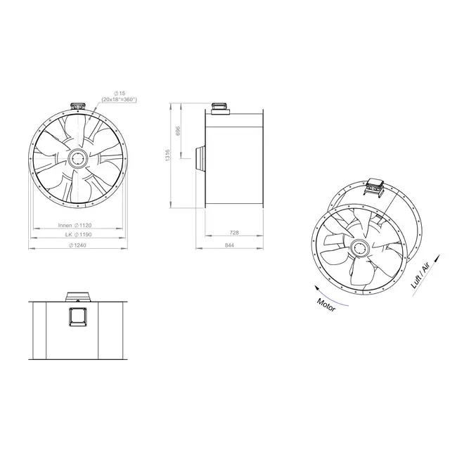 Axial 1120 mm duct fan flue F300- AL 1120 D6 F3 02 CFG