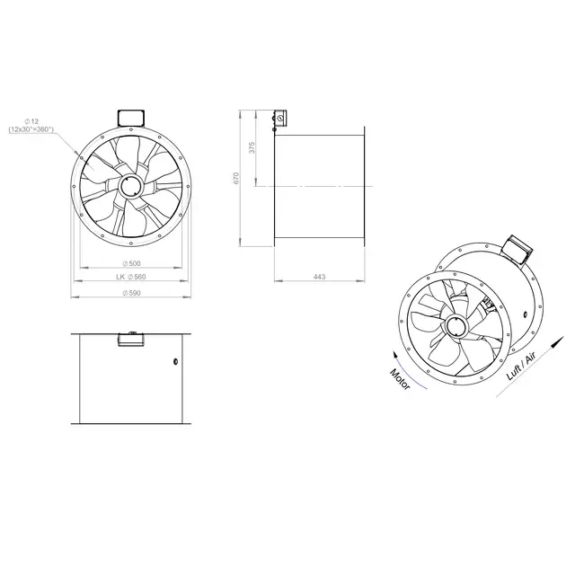 Axial 500 mm duct fan flue F300- AL 500 D4 F3 01 CFG