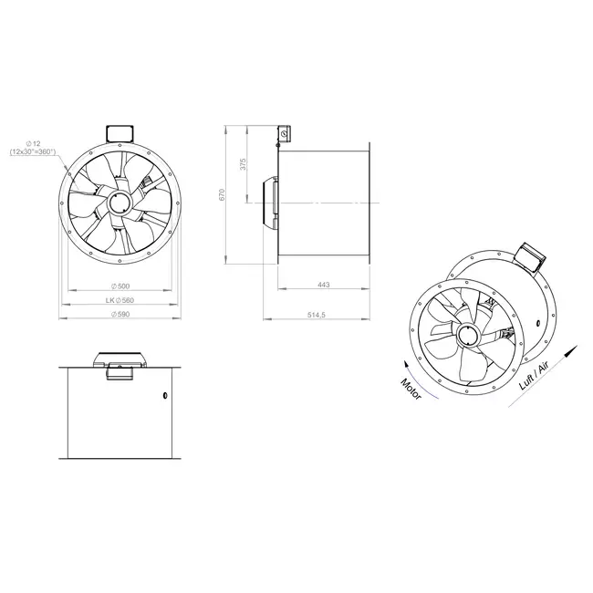 Axial 500 mm duct fan flue F300- AL 500 D2 F3 01 CFG