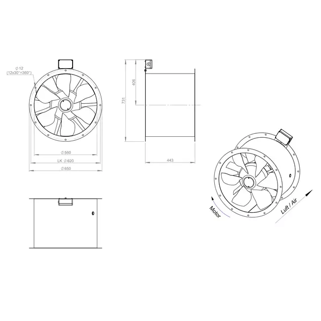 Axial 560 mm duct fan flue F300- AL 560 D4 F3 01 CFG