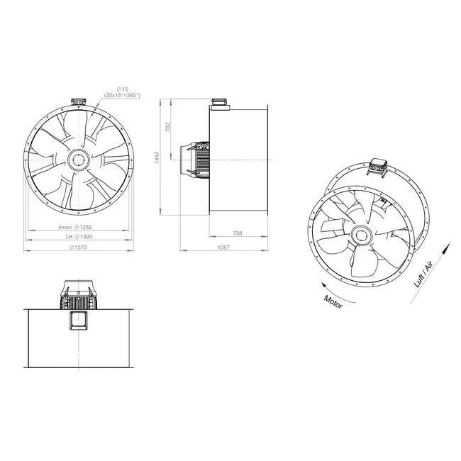 Axial 1250 mm duct fan flue F300- AL 1250 D6 F3 04 CFG