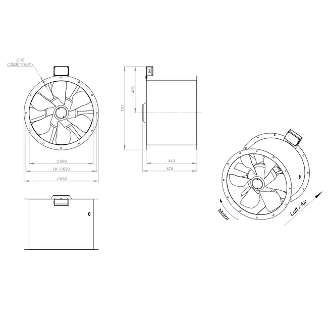 Axial 560 mm duct fan flue F300- AL 560 D4 F3 02 CFG