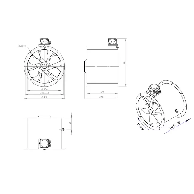 Axial 400 mm duct fan - AL 400 D42U 03 CFG
