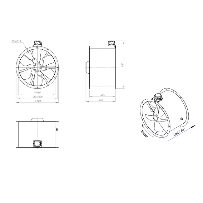 Axial 630 mm duct fan - AL 630 D84U 01 CFG
