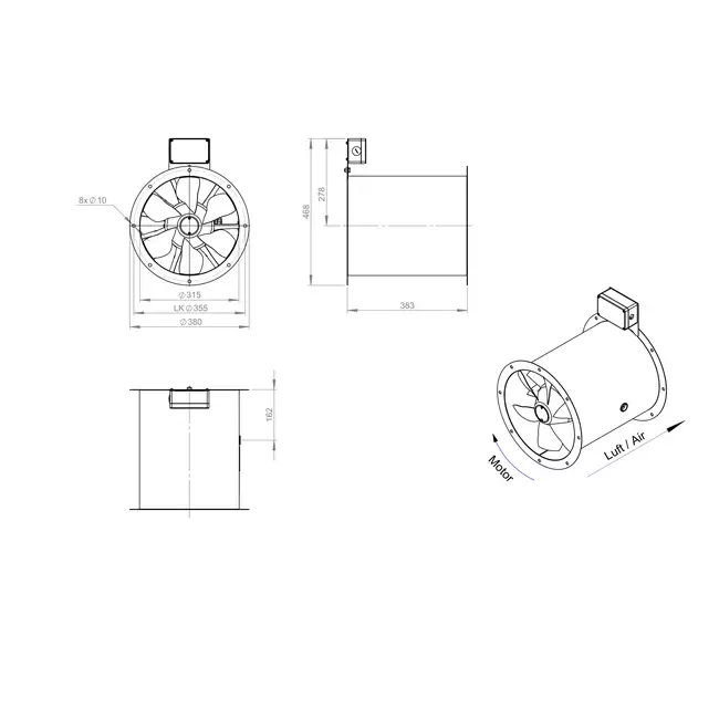 Axial 315 mm duct fan flue F400 - AL 315 D42U F4 01 CFG