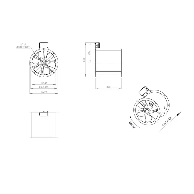 Axial 355 mm duct fan flue F300- AL 355 D2 F3 02 CFG
