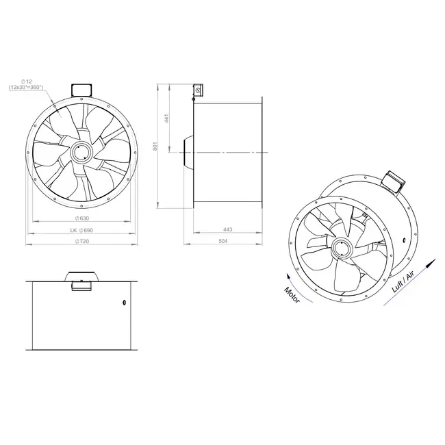 Axial 630 mm duct fan flue F400 - AL 630 D6 F4 02 CFG