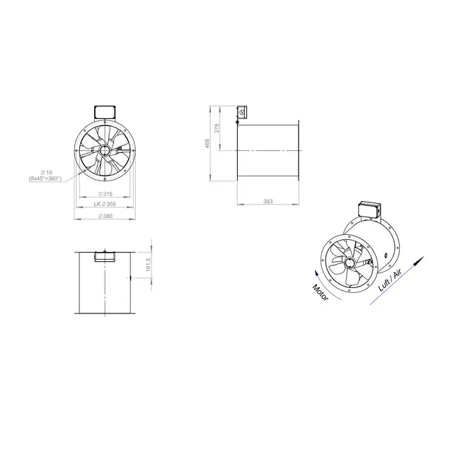 Axial 315 mm duct fan flue F300- AL 315 D2 F3 03 CFG
