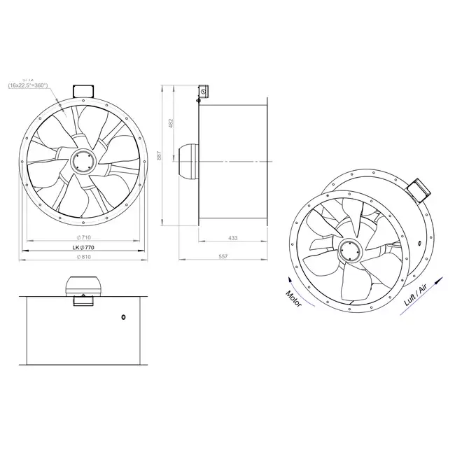 Axial 710 mm duct fan flue F400 - AL 710 D84U F4 02 CFG