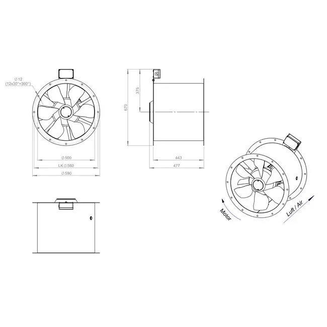 Axial 500 mm duct fan flue F400 - AL 500 D2 F4 02 CFG