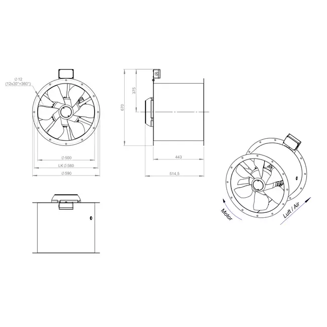 Axial 500 mm duct fan flue F400 - AL 500 D2 F4 01 CFG