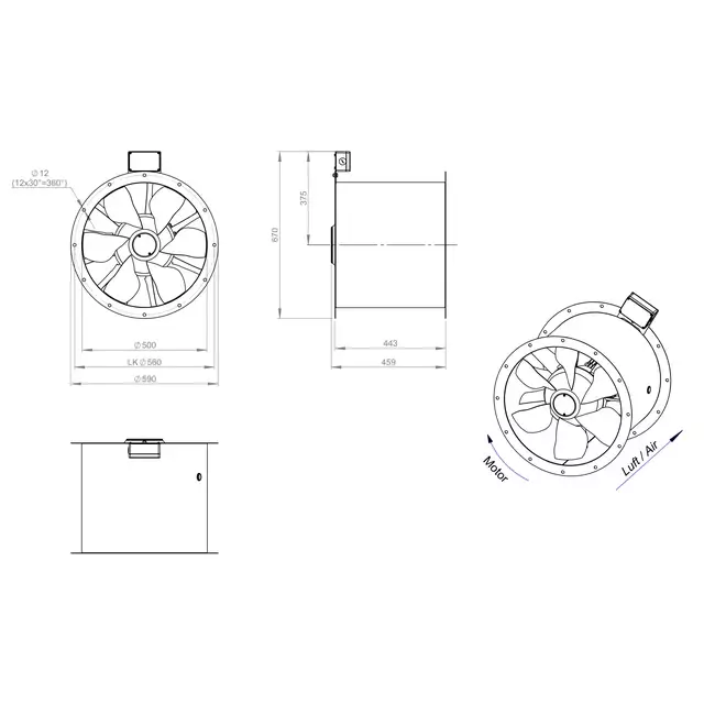 Axial 500 mm duct fan flue F400 - AL 500 D4 F4 03 CFG