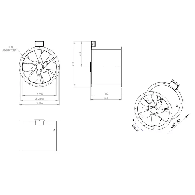 Axial 500 mm duct fan flue F300- AL 500 D4 F3 03 CFG