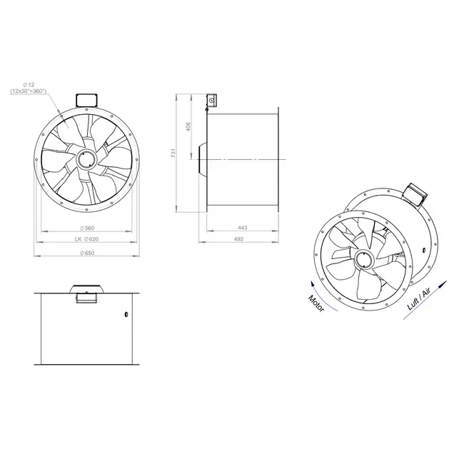 Axial 560 mm duct fan flue F400 - AL 560 D4 F4 04 CFG