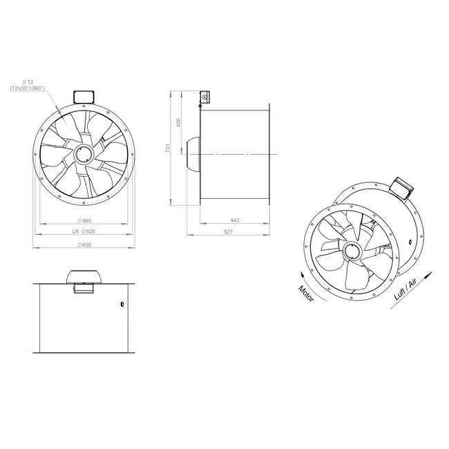Axial 560 mm duct fan flue F400 - AL 560 D84U F4 02 CFG