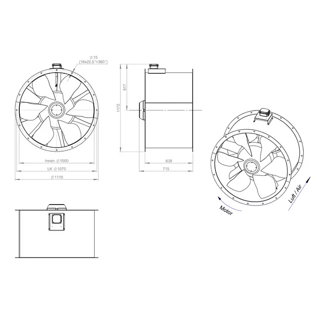 Axial 1000 mm duct fan flue F400 - AL 1000 D6 F4 02 CFG