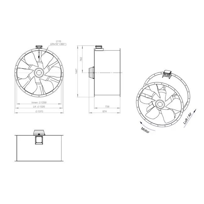 Axial 1250 mm duct fan flue F300- AL 1250 D6 F3 07 CFG