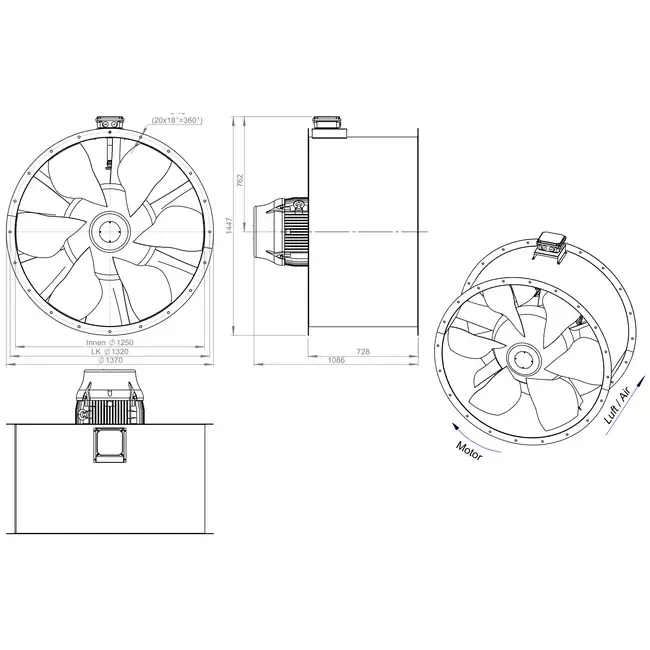 Axial 1250 mm duct fan flue gas F400 - AL 1250 D6 F4 04 CFG