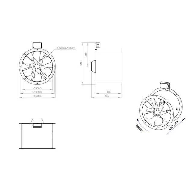 Axial 450 mm duct fan flue F400 - AL 450 D42U F4 02 CFG