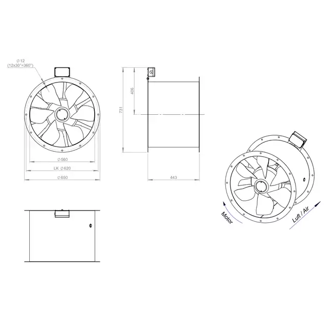 Axial 560 mm duct fan flue F400 - AL 560 D4 F4 01 CFG