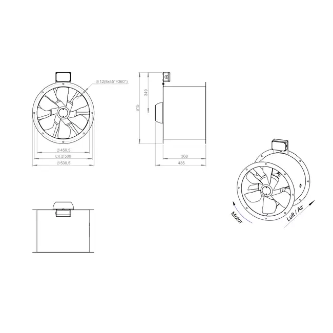 Axial 450 mm duct fan flue F300- AL 450 D42U F3 02 CFG