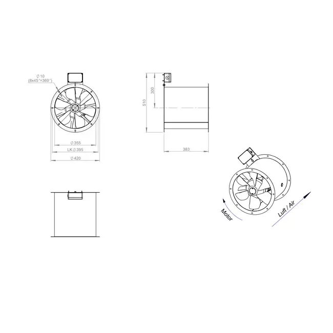 Axial 355 mm duct fan flue F300- AL 355 D42U F3 02 CFG