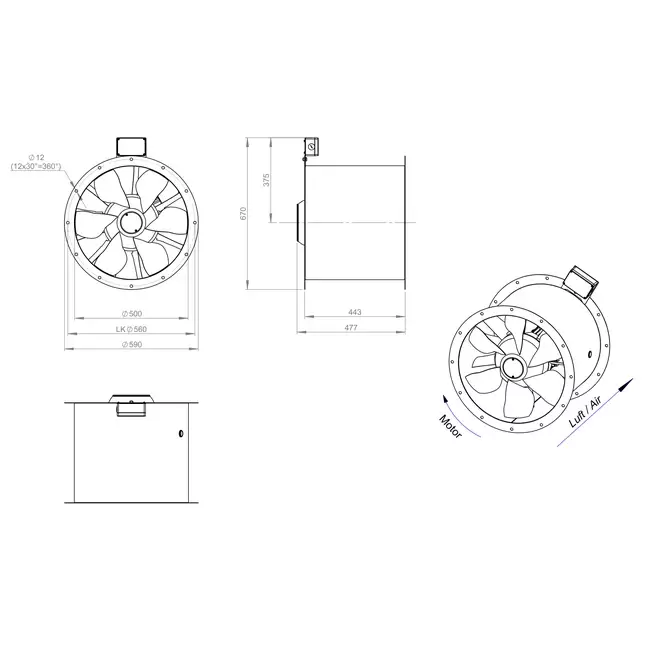 Axial 500 mm duct fan flue F300- AL 500 D42U F3 02 CFG