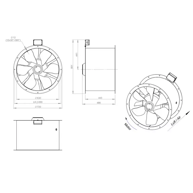 Axial 630 mm duct fan flue F300- AL 630 D84U F3 02 CFG