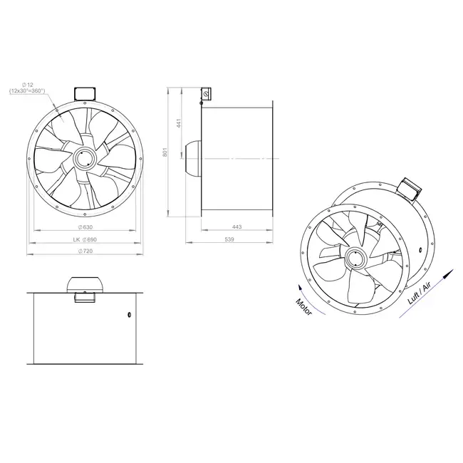 Axial 630 mm duct fan flue F300- AL 630 D84U F3 01 CFG