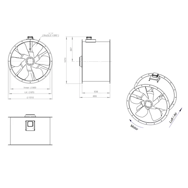Axial 900 mm duct fan flue F300- AL 900 D84U F3 01 CFG