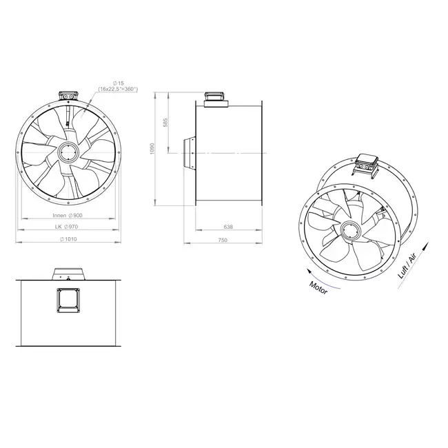 Axial 900 mm duct fan flue F300- AL 900 D84U F3 02 CFG