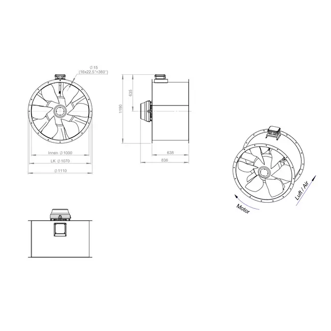 Axial 1000 mm duct fan flue F300- AL 1000 D84U F3 02 CFG